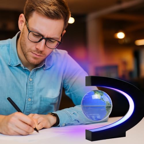 Magnetic Levitation Floating Rotating World Globe with LED Light - C Shape Anti Gravity Levitating Globe for Desk Office Decor, STEM Educational Map, Unique Tech Gift for Men Kids Boss, 3.5 Inches - Image 2