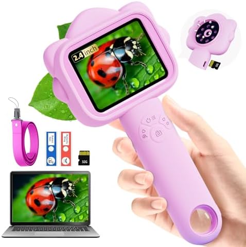 Microscope for Kids, Kids Microscope with Sample Slide, Educational Science Kit, Macro Fixed Focus Kid Mini Microscopes 500x Magnification, 32GB SD Card Include(Purple) by DPduct