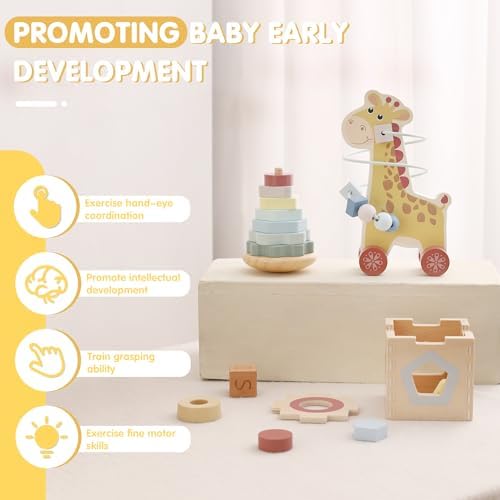 FReniland Montessori Toys for 1 Year Old，3-in-1 Wooden Baby Toys，Wooden Stacking Toy，Toddler Shape Sorting Cube, Giraffe Ring Toy,Newborn Baby Gift Sets for Boys and Girls - Image 3