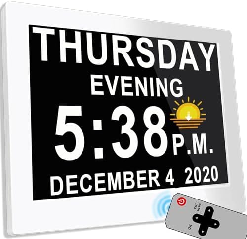 MASSII 8 Inch Extra Large Upgraded Dementia Clock 19 Alarms with Auto DST, 20 Custom Reminders,10-Level Auto Dimmer, 6 Display Modes, Digital Clock with Date and Time, 8" White with Remote by MASSII