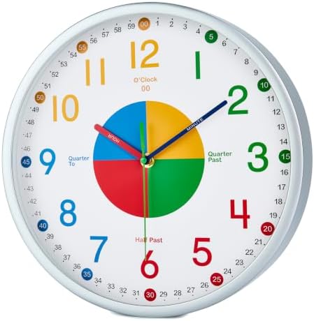 HZDHCLH Kids Wall Clock for Learning to Tell Time, 12 Inch Silent Non Ticking Analog Clock with Four Color Time Disc Battery Operated Educational Clock for Classroom, Bedroom, Homeschool (pale silver) - Image 2