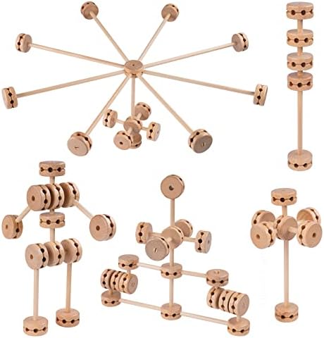Wooden Building Blocks 60PCS Montessori STEM Toy for Kids 6+, Natural Wood Splicing Joints and Sticks Educational Sensory Tinker Creative 3D Playset Stacking Game by NiToy