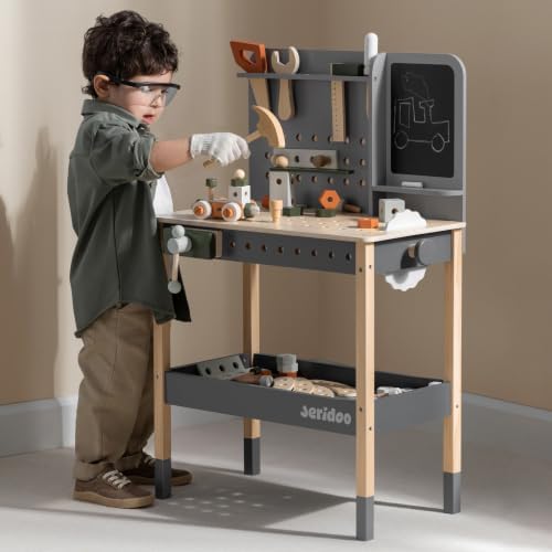 Kids Wooden Workbench, 61-Piece Tool Bench Set with Saw, Hammer, Spanner, Screwdriver, Nuts and Bolts, Chalkboard, Safety Goggles and Gloves, Construction Toy, Pretend Play, Boys, Girls Age 3+ by Jeridoo