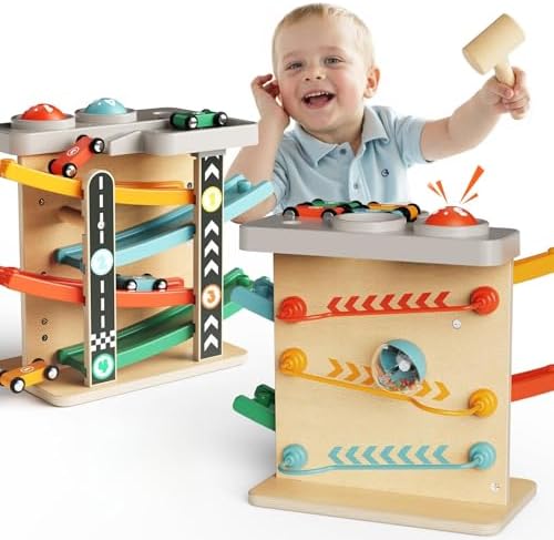 Montessori Toys for 1 Year Old, 2-in-1 Ball Drop Toy & Wooden Car Ramp Toy with Hammer and 4 Cars, First Birthday Gifts for 1 2 Year Old Boy Girl by Paisure