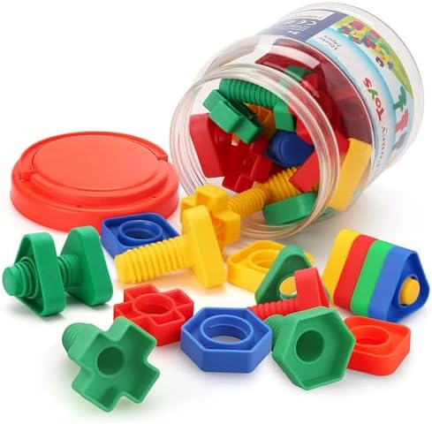 LotFancy Nuts and Bolts, 24pcs Fine Motor Skills Occupational Therapy Toys for Kids, Shapes and Colors Matching Toys, Montessori Building Construction Game with Storage Box for Baby and Toddlers by LotFancy
