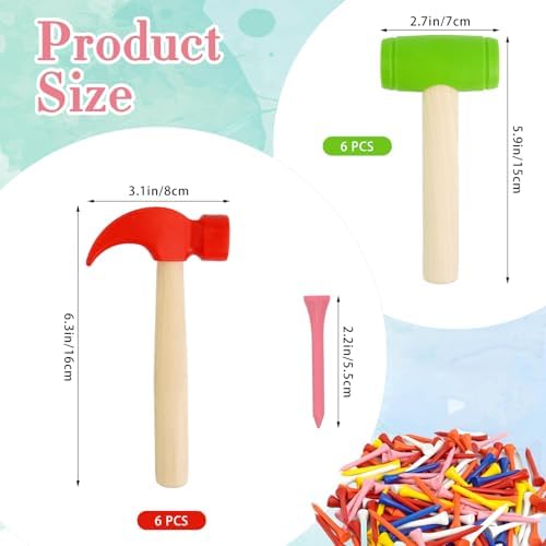 12 Pcs Kids Wooden Hammer Toy Small Simulation Hammers with 120 Pcs Colorful Wood Golf Tees Plastic Educational Toys for Children Birthday Party Gift(Red and Green) - Image 2