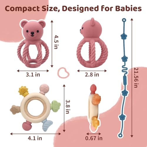 Baby Teething Rattle Toy, 3-in-1 Silicone Teether, Infant Sensory Toys - Image 2