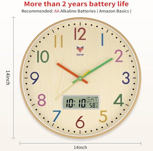 Foxtop Digital and Analog Learning Clock for Kids - Telling Time Teaching Clock 14 Inch Silent Non-Ticking Battery Operated Kids Wall Clock for Kids Room Playroom Nursery Classroom School - Image 2