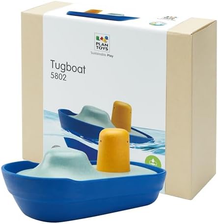 PlanToys® Tugboat Wooden Bath Toy, Floating Boat Fine Motor Imaginative by PlanToys