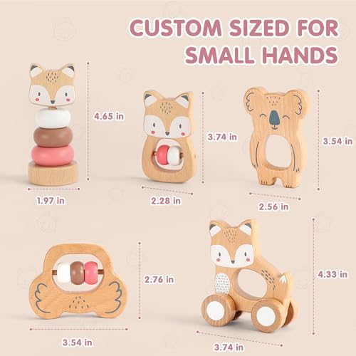 FReniland Wooden Montessori Baby Toys Set, 5-Piece Newborn Gift Set with Koala Rattle, Fox Stacking Rings & Push-Pull Toy for Boys and Girls - Image 5