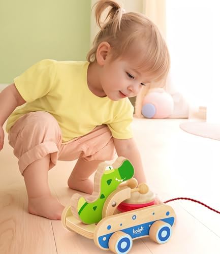 Baby Gift Wooden Toddler Pull Toy, Crocodile Drum Tapping Children's Toy, Baby dragging and Learning to Walk, Rope Traction Rope Crawling for Toddlers Ages 1+ - Image 4