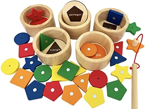 Dailyfunn Montessori Toy Wooden Sorting Cup&Fishing Game 2-in-1 Colors Shapes Sorting Matching Learning Toys for Toddlers 1-3 Year Old by DailyfunnToys
