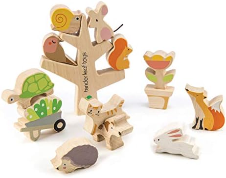 Tender Leaf Toys - Stacking Garden Friends - 14 Pcs Wooden Stacking & Balancing Toy & Educational Game with Free Travel Bag by TenderLeaf