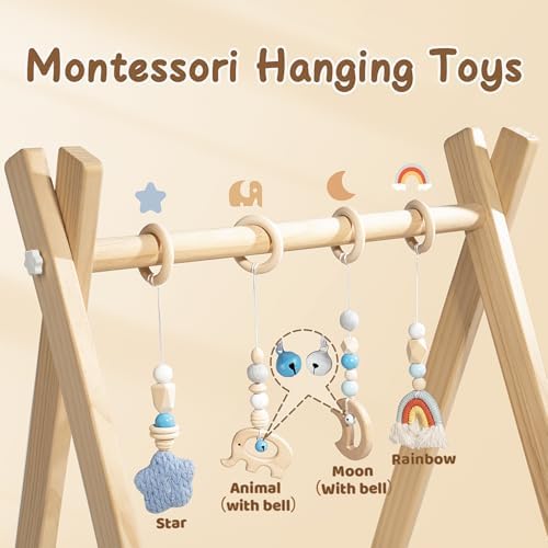Wooden Baby Play Gym with Activity Mat, Foldable Baby Gym Frame with Hanging Sensory Toys for Newborn, Tummy Time Playground - Image 3