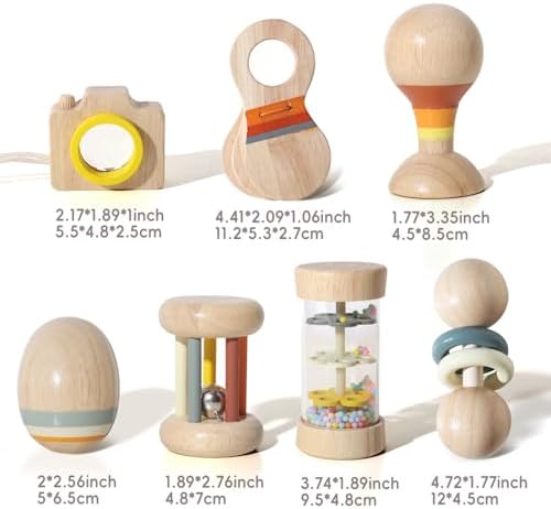 Wooden Baby Rattle Set, 7-in-1 Montessori Toys for Infants 0-6 Months, Moonkie Natural Wooden Baby Toys with Sensory Musical Instruments & Storage Bag - Image 7