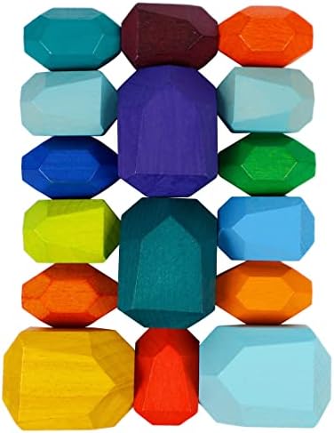 Cllayees 16 Pcs Wooden Stacking Blocks Rocks Building Toys, Colored Solid Wood Stones Pre-School Educational Games Creative Toys for Kids Toddlers (Pack of 2) - Image 3