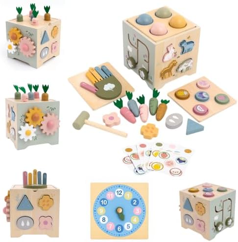 JSONS Montessori Toys for 1 Year Old, 8-in-1 Wooden Activity Cube, Learning Toy with Shape Sorter by Unknown