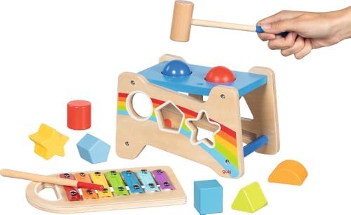 goki 58304 Hammer Bench with Xylophone and Sorting Function, 12-Piece Wooden Motor Skills Toy with Removable Wind Chime - 3-in-1 Knock Bench, Sorting Box, Xylophone - Image 7