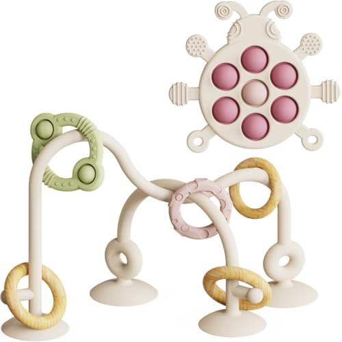 High Chair Suction Cup Toy & Teething Toy Set, Sensory Toy [Beige] by bonfaran