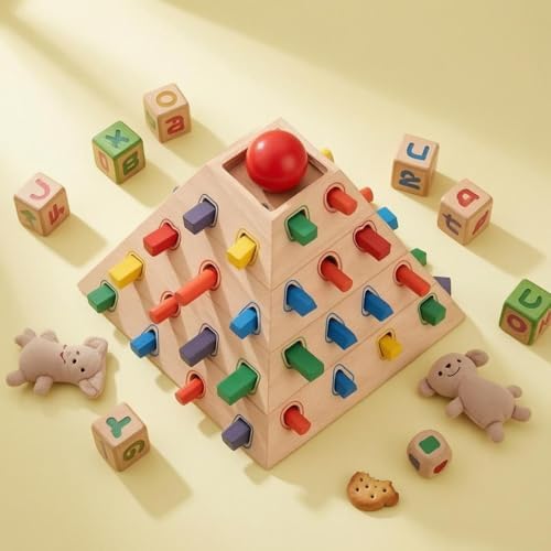 Gralara Pyramid Shape Sorter Hand-Eye Coordination Wooden Shape Sorter Screen Fun Geometric Insert Toy - Image 3