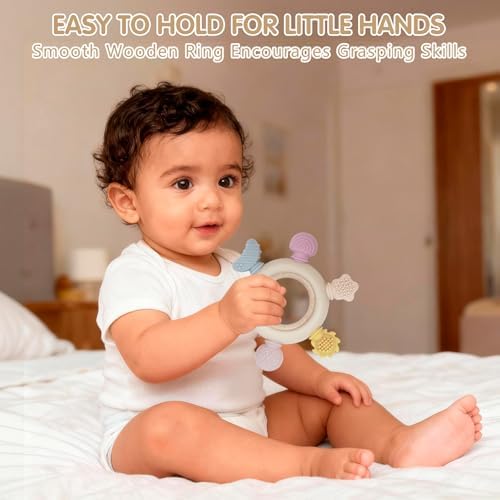 Baby Teether Ring for 0–12 Months, Detachable Wooden Silicone Teether with Easy-Grip Round Design, Sensory Teething Toy with Soft Textured Tips for Early Development - Image 4