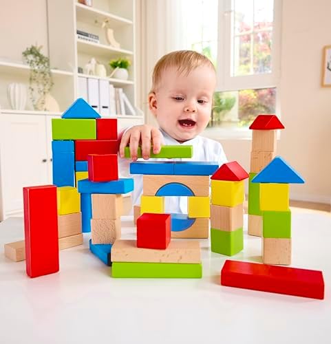 Hape Maple Wood Kids Building Blocks Stacking Wooden Block Educational Toy Set for Toddlers, 50 Brightly Colored Pieces in Assorted Shapes and Sizes - Image 2