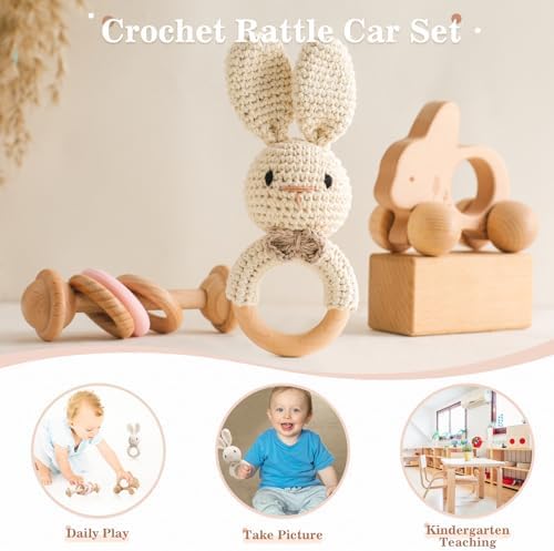 let's make Wooden Baby Rattle 3 PCS Push Car Rattle Set Crochet Rattle Ring Wooden Montessori Toy for Newborn Infant Baby Gifts (Rabbit Rattle) - Image 5