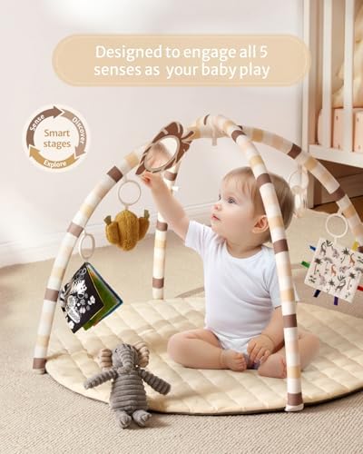 Blissful Diary Baby Play Gym Mat, Tummy Time Activity Mat with 6 Detachable Toys for Stage-Based Sensory & Motor Skill Development, Easy to Install & Clean, Baby Essentials Gift, Sandy Beige - Image 2