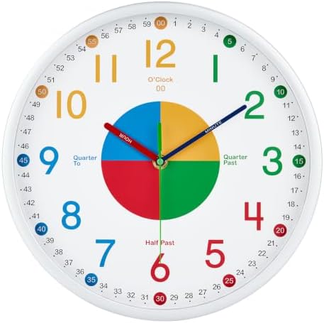 HZDHCLH Kids Wall Clock for Learning to Tell Time, 8 Inch Silent Non Ticking Analog Clock with Four Color Time Disc Battery Operated Educational Clock for Classroom, Bedroom, Homeschool(White) by HZDHCLH