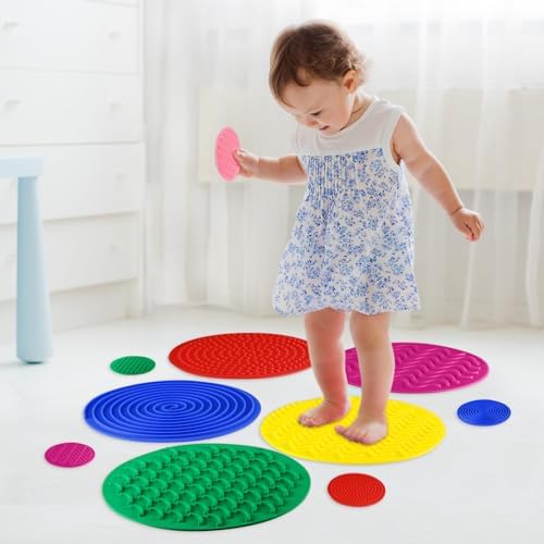 Lenwen 10 Pcs Sensory Mat Discs Sensory Stepping Circles Pads Textured Tactile Toys Stimulation for Calming Play and Early Learning Kids Matching Game Disorder Children ADHD(Classic Color) - Image 6
