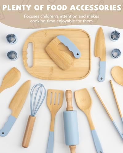 Wooden Kids Cooking Set Montessori Kit - Real Toddler Kitchen Tools & Baking Utensils - 30PCS Cooking Kit for Kids with Storage Bag, Great Gift for Pretend Play & Montessori Learning (Blue) - Image 5