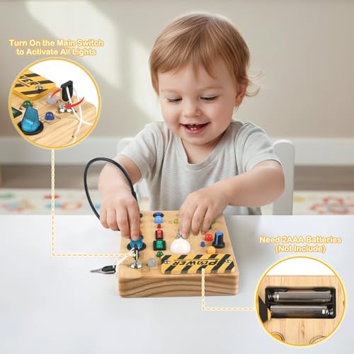 LED Busy Board for Toddlers 1-3,Montessori Sensory Toy with Key Switch and Plug, Light Up Wood Activity Switch Board for Fine Motor Skills, Educational Travel Toy Gift for 1 2 3 Year Old Boys Girls - Image 4