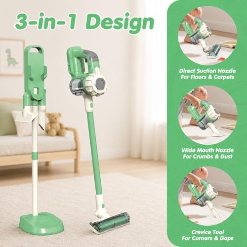 3-in-1 Kids Vacuum that Really Works with Real Suction, Cordless Toddler Toy Vacuum Cleaner, Interactive Pretend Play Cleaning Set for Ages 3+ (Green) - Image 3