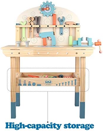 Tool Bench for Kids Toy Play Workbench Wooden Tool Bench Workshop Workbench with Tools Set Wooden Construction Bench Toy for 3 4 5 Year Boys Girls - Image 4