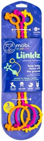 Mobi Liinklz Silicone Tethers - Flexible and Soft Toy Straps for Baby, Stroller Toy Safety Straps and Easy to Connect Baby Toy Holder - for Infants 0+ Months, Vibrant Colors (Pack of 3) by M%C3%B6bi