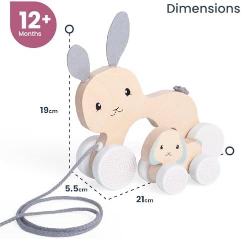Bigjigs Toys FSC® Certified Bunny & Baby Pull Along Toy - Eco-Friendly Rabbit Pull Along with Cord & Baby Bunny Push-Along, Quality Pull Along Toys for 1 Year Olds, Wooden Baby Toys - Image 2
