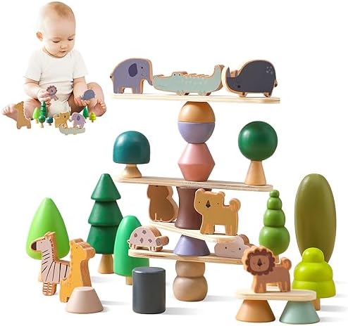 Wooden Animal Forest Balance Stacking Toy Set 36PCS Wood Miniature Tree Blocks Set Elegant Ornaments for Home Decor Wooden Mini Trees Animals Balance Toy for Toddler 36 Months+ by WOODENTEETHER