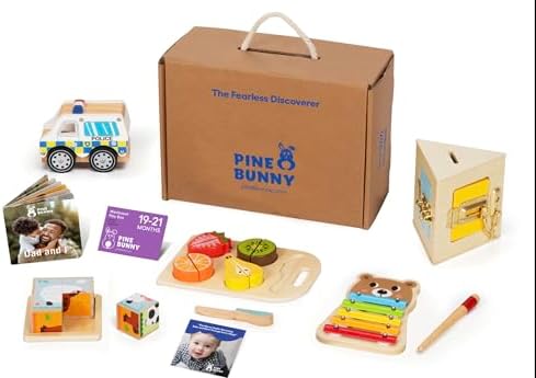 Pine Bunny Montessori Wooden 10-in-1 Toy Set for 19+ Months, Police Car, Triangular Lockbox, Cutting Fruits, Farm Cube Puzzle, Bear Xylophone, Educational Learning Problem Solving Music Toddler Toys by Unknown