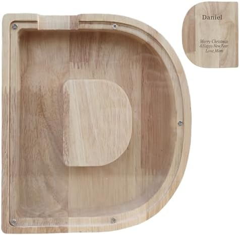 Wooden Letter Piggy Bank for Kids Boys Girls,Personalized Piggy Bank (Laser Engraving),A-Z Letters Coin Bank Money Box Customized Name, for Family Christmas Birthday Gift (D) by FINDAMAZE