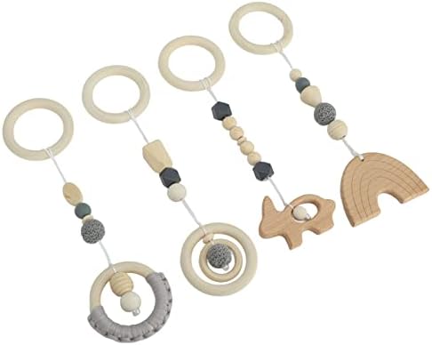 Baby Gym, 4Pcs Wooden Hanging Toys for Newborns, Play Gym Toys with Activity Nursing Rings for 0-6 Months (Gray) - Image 4