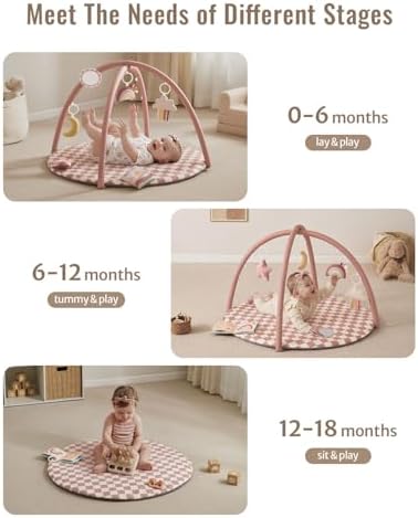 Blissful Diary Baby Play Gym Mat, Play Mat Activity Mat with 6 Detachable Toys for Stage-Based Sensory & Motor Skill Development, Easy to Install & Clean, Baby Essentials Gift, Blush Checkered - Image 5