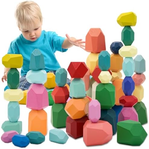 MEGRANATE 39PCS Montessori Wooden Stacking Rocks Toys Colorful Stacking Stones Building Blocks Games Sensory Toy for Kids Educational Learning Toys for 3+ Years Old Kids by Unknown