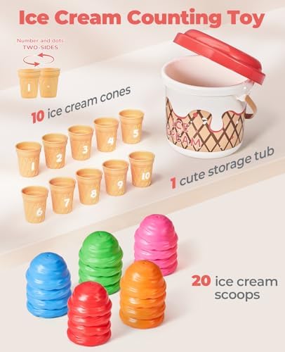 JoyCat Ice Cream Preschool Learning Activities Counting and Color Sorting Set Stacking Toys for Kids 1-5, Educational Fine Motor Skills Toys, 30PCS Math Manipulatives - Image 3