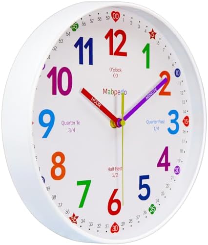 10 Inch Classroom Clock for Kids Learning, Learning Wall Clock, Wall Clocks Battery Operated Teaching Silent Analog Clocks for Bedroom Classroom Decor Homeschool Supplies, White by MABPEDO