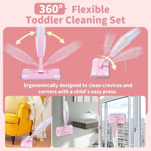 Kids Spray Mop,Fun & Functional Toddler Cleaning Set,Real Working Mop for Floors,Pretend Play – Includes Spray Bottle, 2 Washable Microfiber Pads, Montessori Kids Cleaning Toy Set -Pink - Image 4