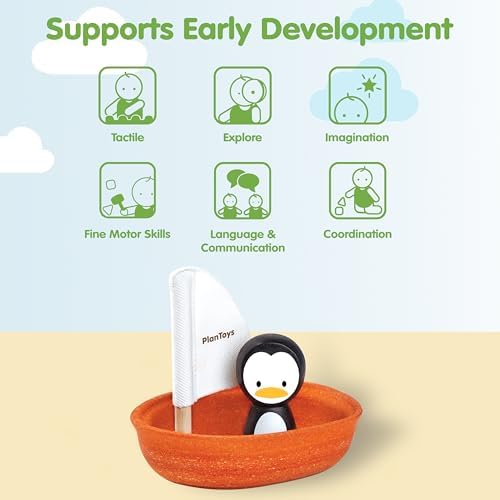 PlanToys® Wooden Penguin Sailing Boat Bath Toy for Toddlers, Montessori - Image 4