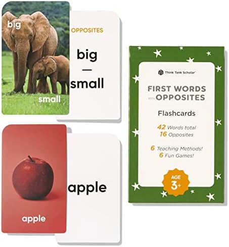Award-Winning First Words & Opposites Flash Cards for Kids Ages 3-8 – 36 Durable Cards with Real Pictures – Preschool, Kindergarten & Early Elementary Learning by ThinkTankScholar