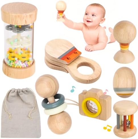 Montessori Wooden Baby Toys 0-12 Months, 7-Piece Sensory Rattle & Music Set by Liangding