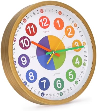 Kids Wall Clock Telling Time Silent Non-Ticking Learning Clock Colorful Teaching Wall Clocks Round Plastic Analog Educational Decor Clock for Classroom, Playroom, Bedroom (EDU1-Wood, 10 inch) - Image 3