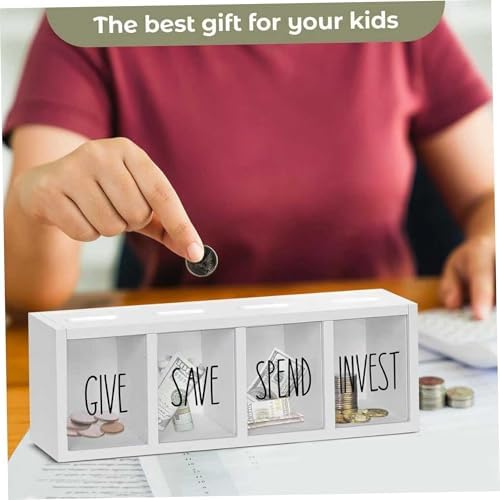 Save Spend Give Bank for Kids, Wooden Money Saving Box with Visual Compartments, 12.9x4.3x3.5 inch Wall-Mounted Montessori Coin Box, White - Image 5